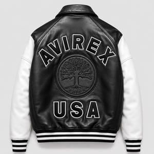 Black and white Avirex USA genuine leather varsity jacket with tree patch premium letterman bomber jacket for men and women