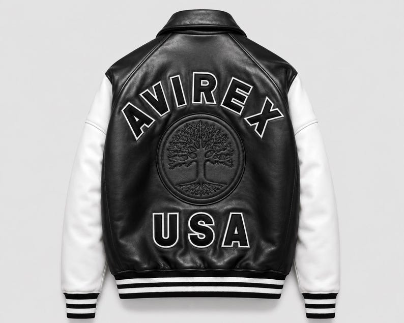 Black and white Avirex USA genuine leather varsity jacket with tree patch premium letterman bomber jacket for men and women