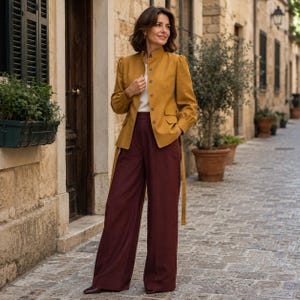 May include: A mustard yellow long-sleeved jacket with a mandarin collar, front button closure, and two flap pockets, paired with high-waisted wide-leg trousers in a deep burgundy colour and a simple white top worn underneath the jacket.