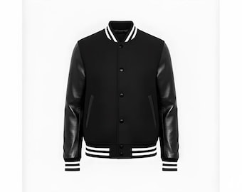 Schwarze Varsity Jacke Männer Personalisierte Echte Wolle & Leder Letterman Jacke Retro Letterman Bombermantel Streetwear Baseballjacke