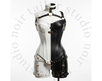 Arnés de corsé de cuero bicolor, body gótico, arnés steampunk, bustier, faja moldeadora, bustier sobre el busto, top para festivales y fiestas rave para mujer