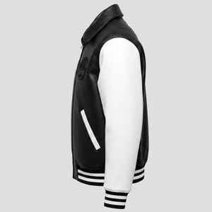 Custom Avirex leather varsity jacket black and white bomber coat with embroidered tree logo premium baseball jacket
