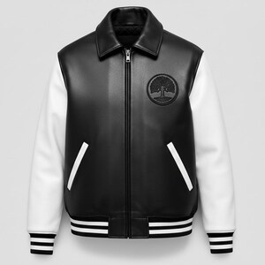 Luxury genuine leather letterman jacket featuring USA embroidery black body white sleeves vintage college streetwear coat