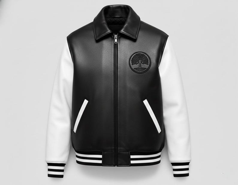 Luxury genuine leather letterman jacket featuring USA embroidery black body white sleeves vintage college streetwear coat