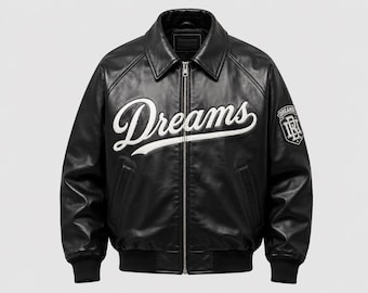 Black Dreams Echtleder Varsity Jacke Herren Mit gesticktem Logo Streetwear Bomber Bikerjacke Urban Fashion Vintage Baseballmantel