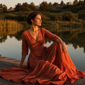 May include: A long-sleeved, floor-length wrap dress in a solid burnt orange color. The garment features a V-neckline, a fitted bodice with a tie-waist closure, and a full, flowing skirt that extends across the wooden surface.