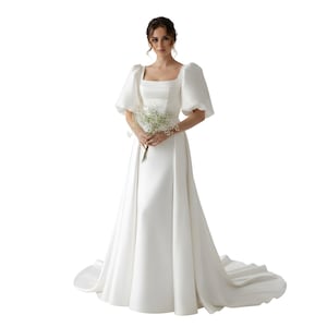 white modest satin dress Modest Satin Wedding Gown With Sleeve,Classic Bridal Gown,WD01083, US14W / Ivory