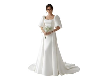 Minimalist Satin Wedding Dress Puff Sleeve Bridal Gown Simple A Line Wedding Dress Modest With Puff Sleeves Fairycore Dress