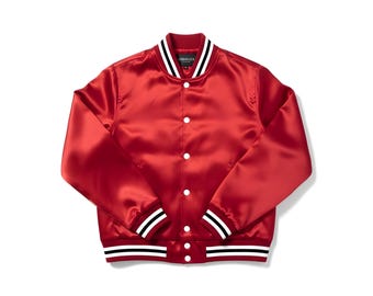 Roter Satin Varsity Jacke Männer Frauen Premium Letterman Bomberjacke Streetwear Baseballmantel Geschenk