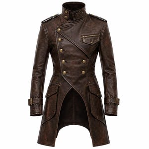 May include: A dark brown, distressed-finish coat featuring a high collar, an asymmetrical front closure with brass-toned buttons, a zippered chest pocket, two large flap pockets at the hips, shoulder epaulets, and adjustable buckled cuffs.