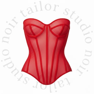 Puede incluir: Un corsé rojo sin tirantes con escote corazón. La tela transparente se acentúa con líneas verticales y horizontales, creando una silueta estructurada. Las palabras "noir tailor studio" están en un patrón circular alrededor del corsé.