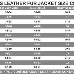 K&ouml;nnte beinhalten: Eine schwarz-wei&szlig;e Gr&ouml;&szlig;entabelle mit dem Titel MENS LEATHER FUR JACKET SIZE CHART. Sie listet Gr&ouml;&szlig;en von XXS bis 8XL mit entsprechenden Ma&szlig;en in Zoll f&uuml;r Brustumfang, Jackenbrust, Schultern und &Auml;rmel auf. Ein Hinweis unten bittet um Kontaktaufnahme.
