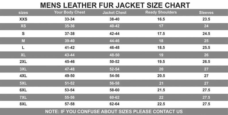 K&ouml;nnte beinhalten: Eine schwarz-wei&szlig;e Gr&ouml;&szlig;entabelle mit dem Titel MENS LEATHER FUR JACKET SIZE CHART. Sie listet Gr&ouml;&szlig;en von XXS bis 8XL mit entsprechenden Ma&szlig;en in Zoll f&uuml;r Brustumfang, Jackenbrust, Schultern und &Auml;rmel auf. Ein Hinweis unten bittet um Kontaktaufnahme.