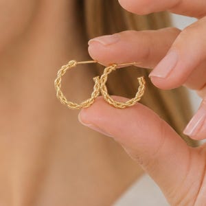 Könnte beinhalten: Ein Paar goldfarbene Creolen mit einem gedrehten Seildesign. Die Ohrringe werden von einer Hand gehalten. Die Ohrringe sind klein und zart und scheinen aus Metall zu sein. Ein klassischer Ohrring-Stil.