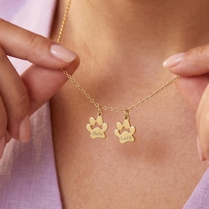 Könnte beinhalten: Eine goldfarbene Halskette mit zwei kleinen, hängenden Pfotenabdruck-Anhängern. Jeder Anhänger ist mit einem Namen graviert, links Balu und rechts Lucy. Die Kette besteht aus einem feinen, dünnen, goldfarbenen Metallkettenglied.