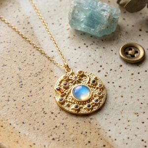 Gold Evil Eye Medallion Necklace, Dainty Nazar Coin Pendant, Celestial Charm Jewellery, Protection Amulet Necklace, Mothers Day Pendant