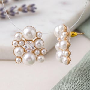 Freshwater Pearl Earrings with Baguette CZ Stone, Cluster Pearl Stud Earrings, Multi Pearl Beads Earrings, Pearl Bridal Wedding Jewelry Gift