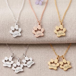 Könnte beinhalten: Eine Sammlung personalisierter Pfotenabdruck-Halsketten in Silber, Roségold und Gold. Jede Halskette hat einen Pfotenabdruck-Anhänger mit eingraviertem Namen. Die Namen sind Lucy, Leo, Balu, Oskar, Lulu, Buddy und Bruno.
