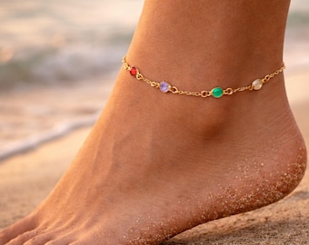 Zierliches Fußkettchen mit mehreren Geburtssteinen, Geburtsmonat Schmuck, 925 Silber Roségold Fußkettchen, Muttertagsgeschenk, Oma Geschenk
