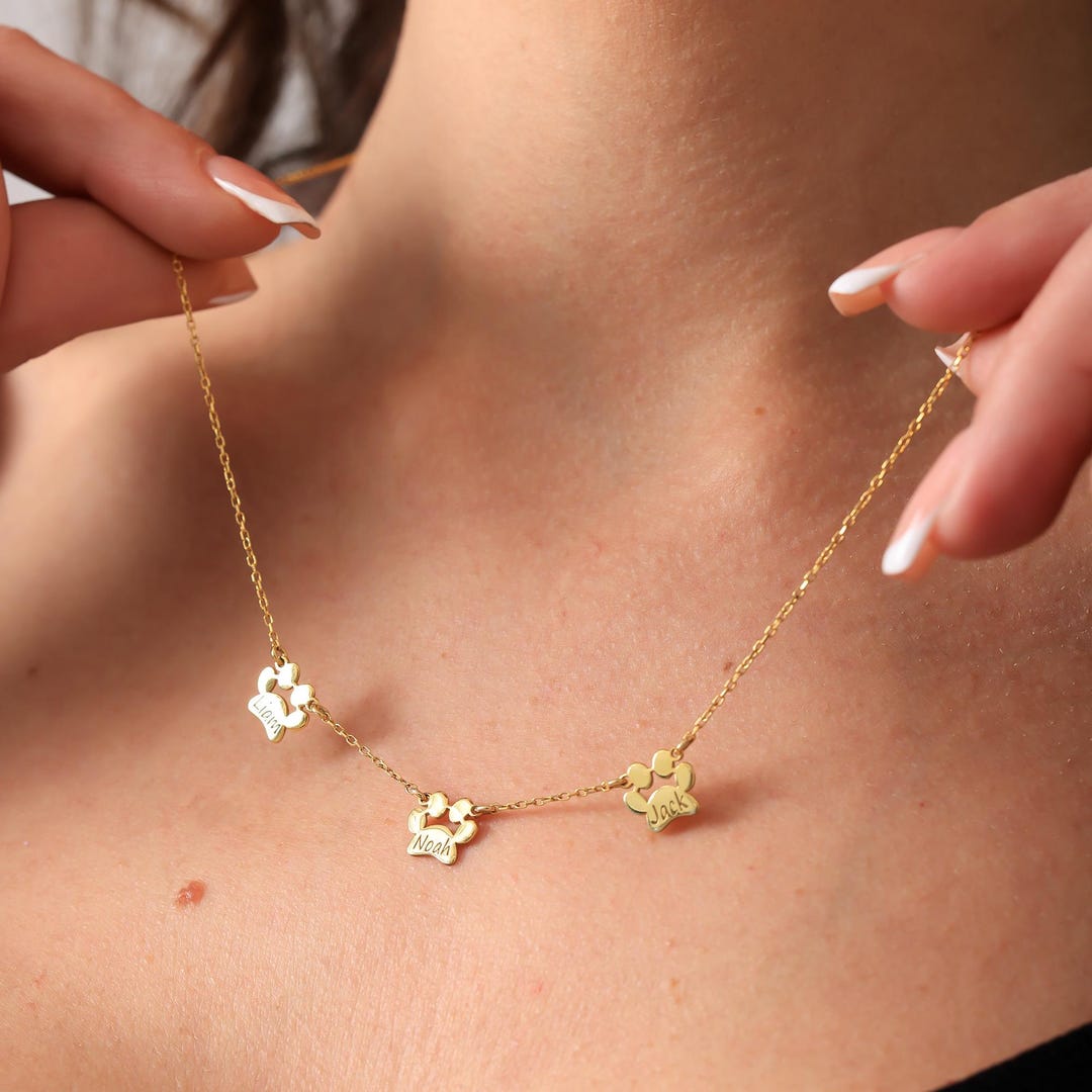 14K Gold Paw Print Name Necklace, Personalized Pet Jewelry, Custom ...