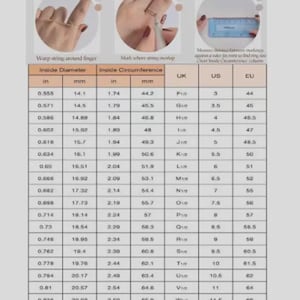 May include: A ring size chart with instructions and measurements in inches and millimeters. The chart includes inside diameter and circumference measurements, along with corresponding UK, US, and EU ring sizes. The steps show how to measure a finger for ring size.