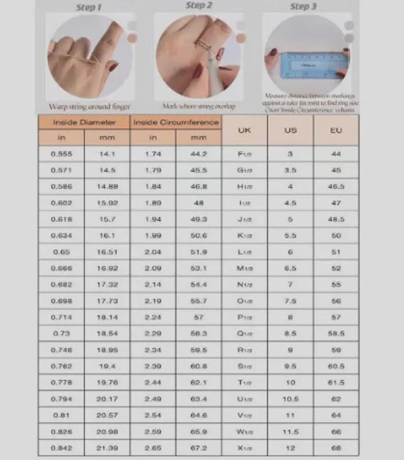 May include: A ring size chart with instructions and measurements in inches and millimeters. The chart includes inside diameter and circumference measurements, along with corresponding UK, US, and EU ring sizes. The steps show how to measure a finger for ring size.