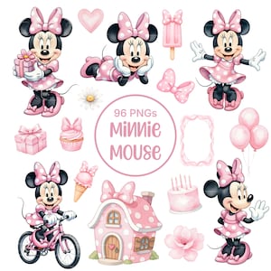 Puede incluir: Una colección de 96 PNGs con Minnie Mouse en varias poses y entornos. Las ilustraciones incluyen a Minnie con regalos, en bicicleta y con helado. La paleta de colores es principalmente rosa y blanco, con patrones de lunares.