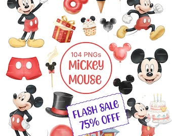 Mickey Mouse Watercolor Clipart Bundle PNG, Mickey Mouse Clipart, Classic Disney Birthday Party Clipart, Cute Mickey Mouse Characters PNG