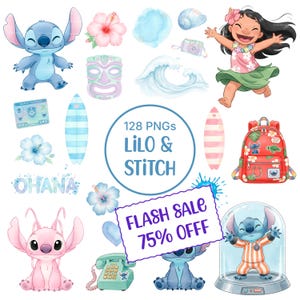 Puede incluir: Una colección de gráficos PNG coloridos con el tema de Lilo & Stitch. Incluye imágenes de Stitch, Lilo, tablas de surf, flores, una mochila y un teléfono. Un banner dice "FLASH SALE 75% OFF".