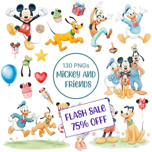 Mickey and Friends Watercolor Clipart Bundle PNG, Mickey and Friends Clipart, Baby Mickey Minnie Birthday Party Clipart, Cute Characters PNG