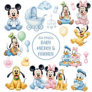 Puede incluir: Ilustraciones de personajes de Disney con temática de bebés, incluyendo Mickey Mouse, Minnie Mouse, Goofy, Donald Duck y Pluto. La imagen presenta un cochecito, globos y biberones. El texto central dice "84 PNGs BABY Mickey & Friends."