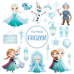 Frozen Watercolor Clipart Bundle PNG, Frozen Elsa Anna Olaf Clipart, Winter Princess Birthday Party Clipart, Cute Frozen Characters PNG