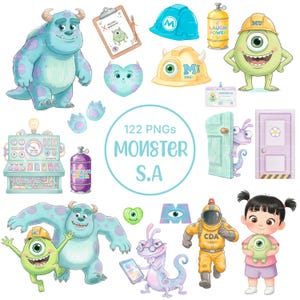 May include: A collection of colorful digital illustrations featuring characters and elements from the animated film "Monsters, Inc.", including Sully, Mike Wazowski, Boo, and various props like hard hats, doors, and a "Scream Power" canister. The text "MONSTER S.A" is also present.