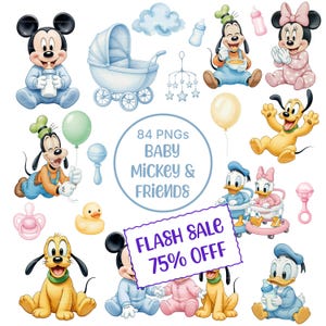 Paquete de imágenes prediseñadas de Mickey y sus amigos en acuarela PNG, imágenes prediseñadas de Baby Mickey, imágenes prediseñadas de baby shower en tonos pastel suaves, imágenes PNG de los lindos amigos de Mickey