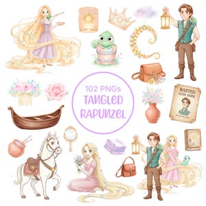 Puede incluir: Ilustraciones en acuarela de personajes y objetos de la película Enredados. Incluye a Rapunzel, Flynn Rider, Pascal, un barco, una corona, una linterna, un cartel de búsqueda y otros accesorios. El texto "102 PNGs TANGLED RAPUNZEL" está en el centro.