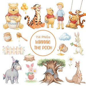 May include: A set of watercolour illustrations featuring Winnie the Pooh characters. The image includes Pooh Bear with a honey pot, Tigger, Piglet, Eeyore, Rabbit, and Christopher Robin. The image also includes a tree house, honey, and other themed elements.