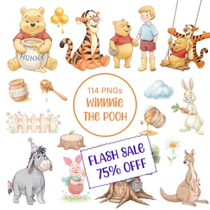 Pacote de Clipart em Aquarela do Ursinho Pooh em PNG, Clipart do Pooh e seus Amigos, Clipart do Bebê Ursinho Pooh para Quarto de Bebê, PNG do Leitão, Tigrão e Bisonho