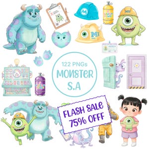 Puede incluir: Colección de ilustraciones digitales con personajes y elementos de la película "Monstruos S.A.". Incluye Sully, Mike Wazowski, Boo, puertas, cascos y el texto "Monster S.A." y "Flash Sale 75% Off".