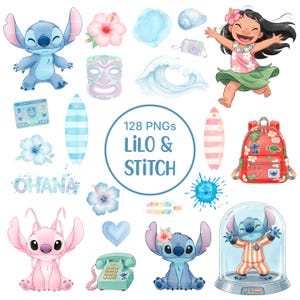 Può includere: Una collezione di illustrazioni ad acquerello con personaggi ed elementi di Lilo & Stitch. Include Stitch, Lilo, tavole da surf, fiori di ibisco, uno zaino e il testo "Lilo & Stitch" e "Ohana".