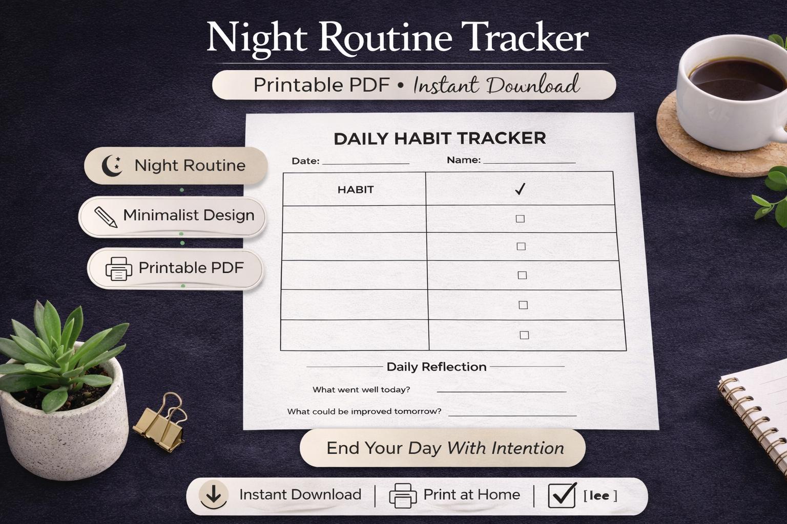 Night Routine Tracker Printable PDF, Evening Routine Checklist, Habit ...