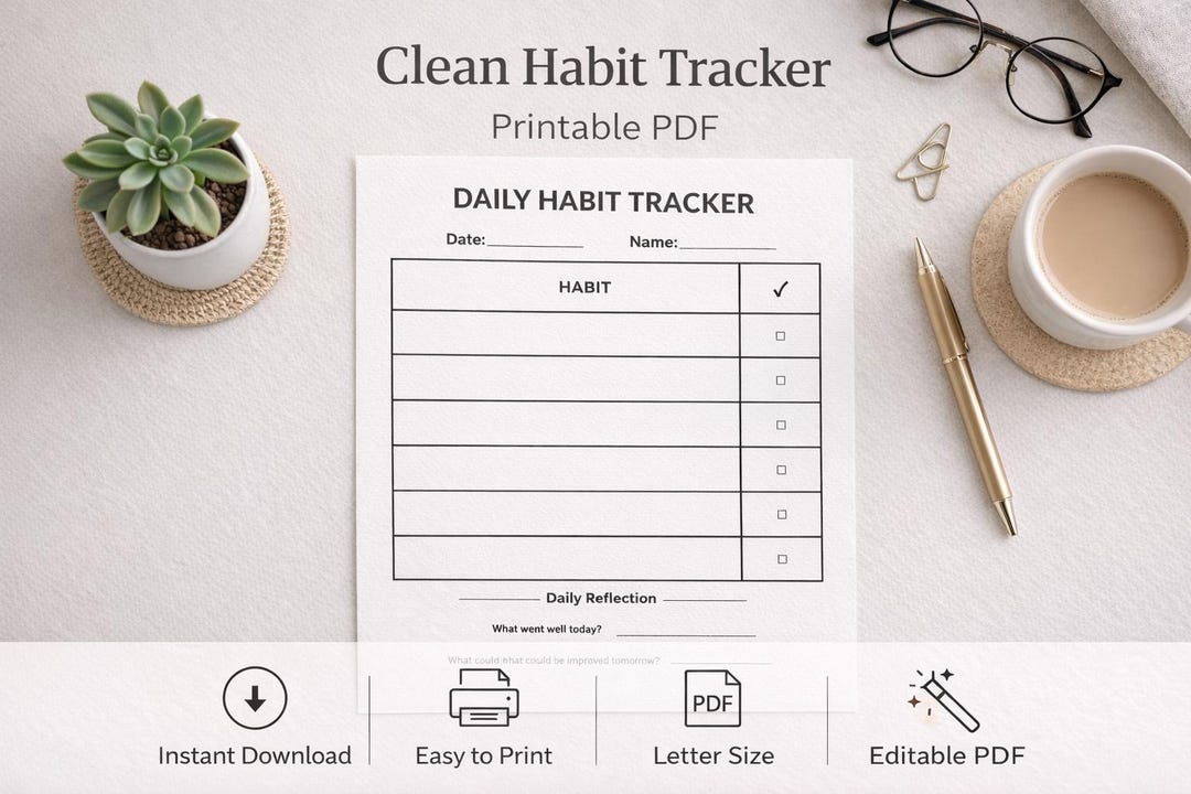 Clean Habit Tracker Printable PDF, Minimalist Daily Planner, Simple ...