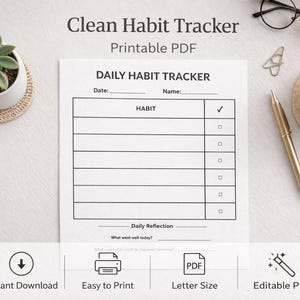 Clean Habit Tracker Printable PDF, Minimalist Daily Planner, Simple ...