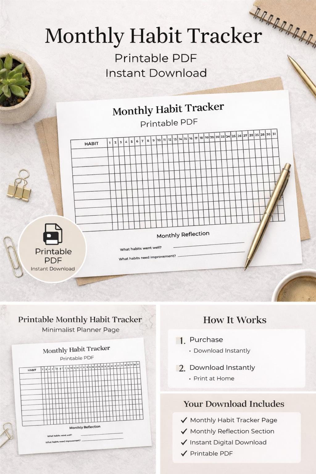 Monthly Habit Tracker Printable PDF, Minimalist Goal Tracker, 31 Day ...