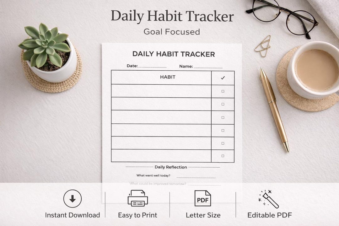 Daily Goal Tracker Printable PDF, Habit Tracker Planner, Productivity ...