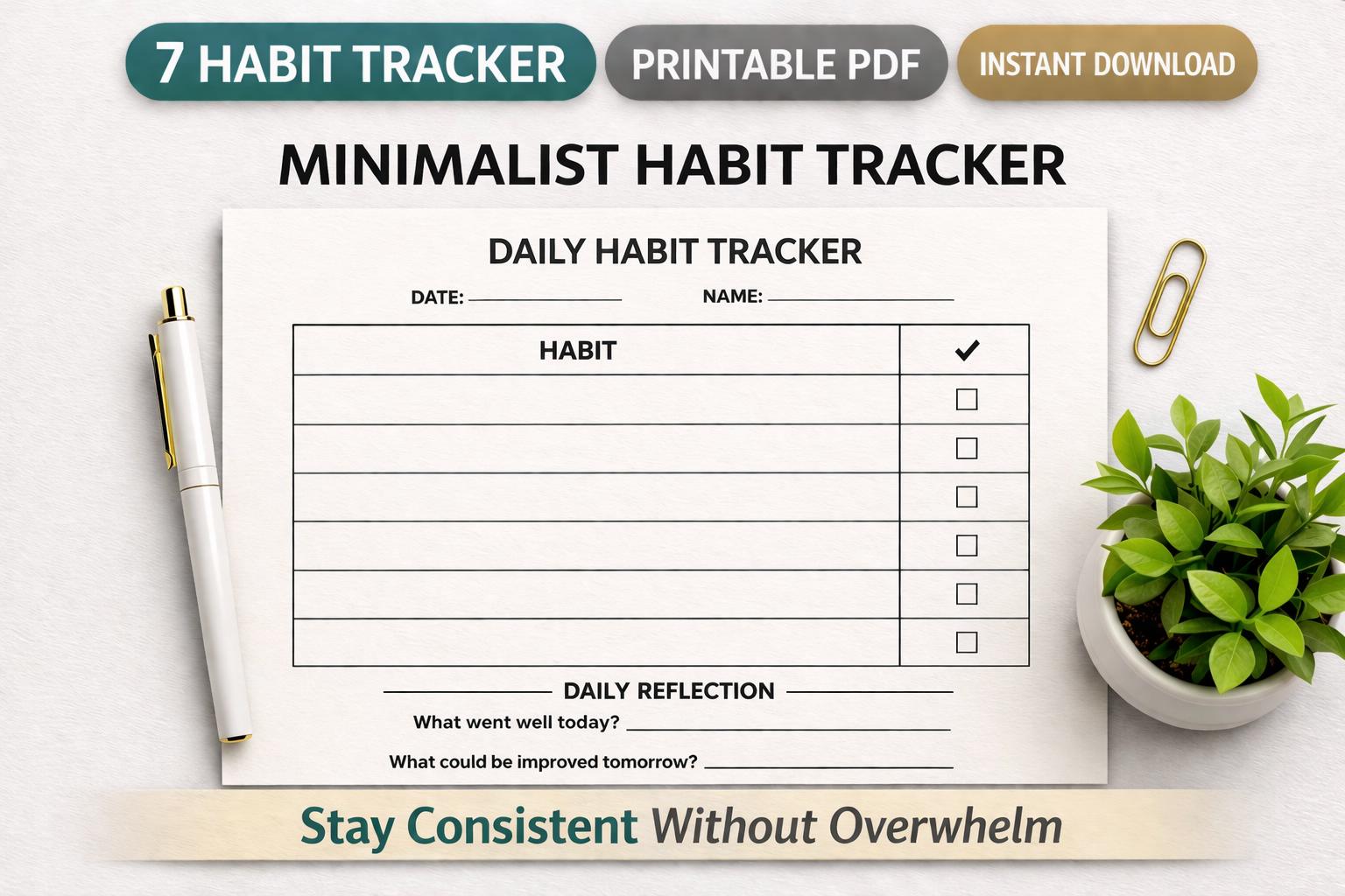 Minimalist 7 Habit Tracker Printable PDF, Weekly Habit Builder Planner ...