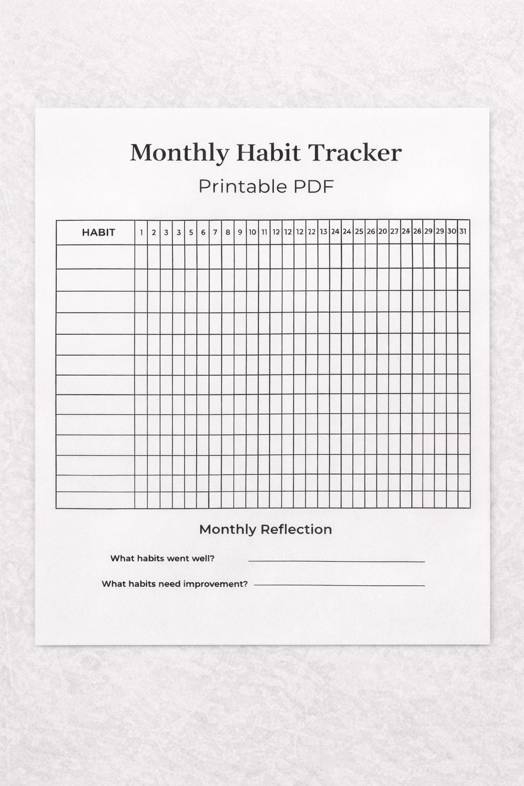 Monthly Habit Tracker Printable PDF, Minimalist Goal Tracker, 31 Day ...