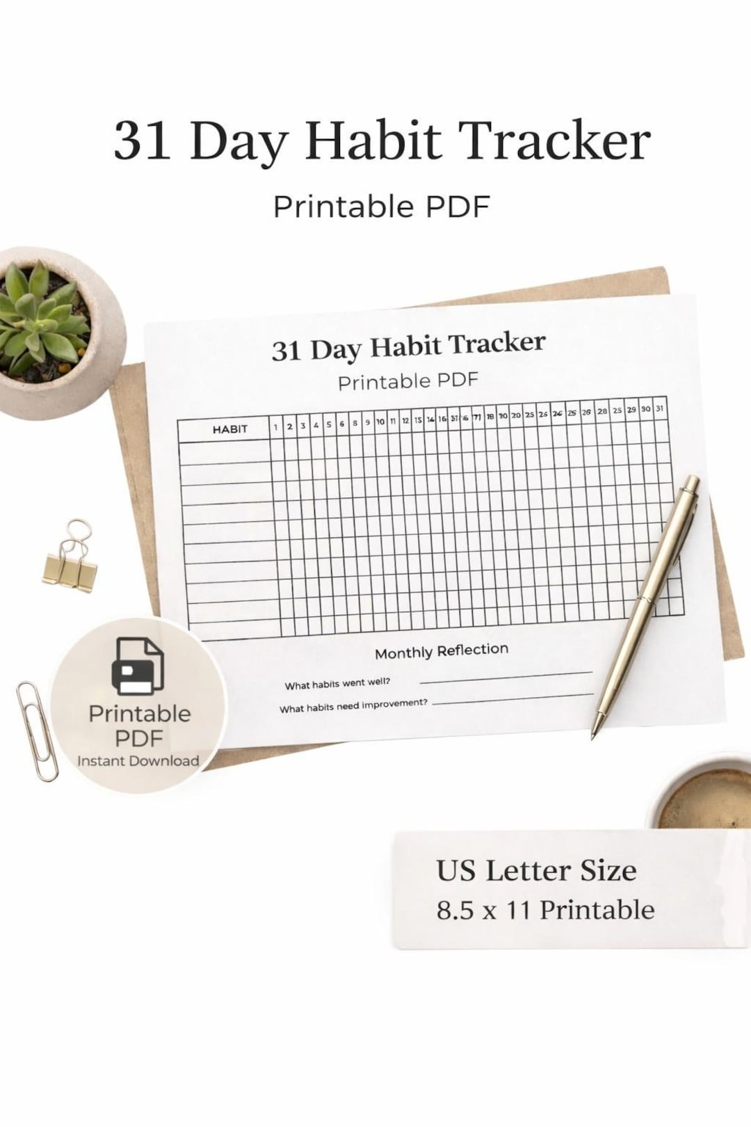 31 Day Habit Tracker Printable PDF, Monthly Habit Builder, Goal Tracker ...