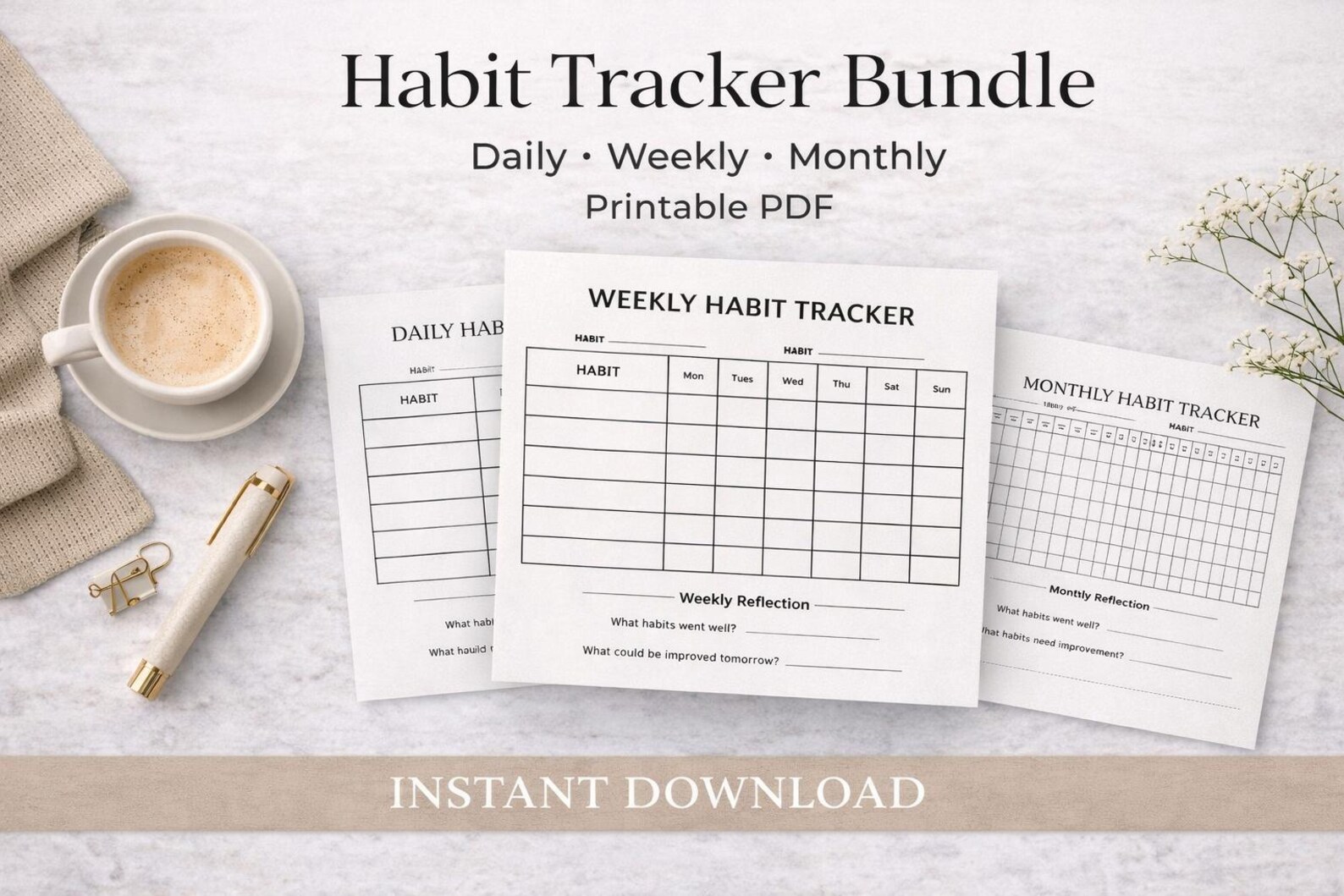 Habit Tracker Bundle Printable PDF, Daily Weekly Monthly Planner Set ...