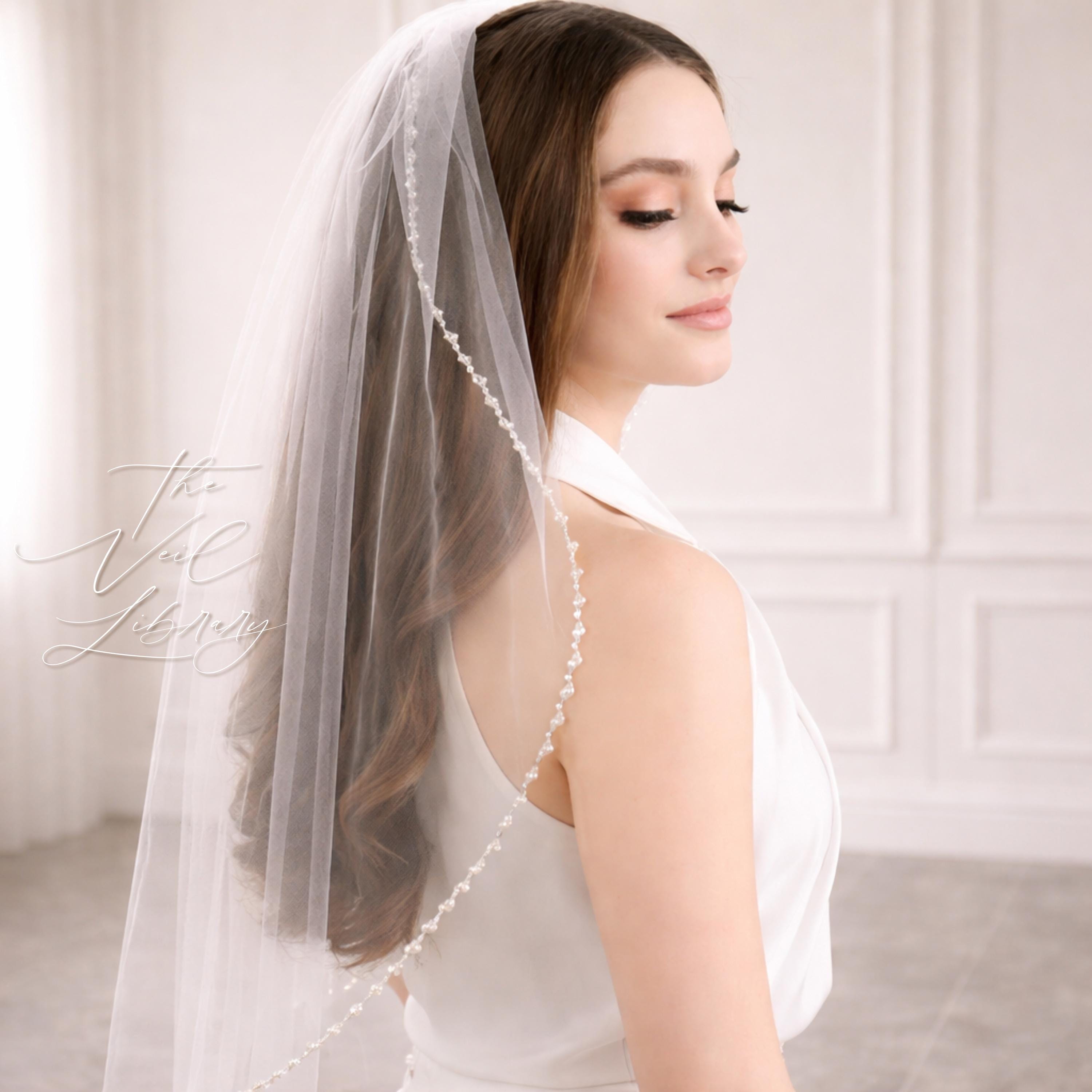 Pearl Beaded Fingertip Wedding Veil Minimalist Elegant Bridal Veil One Layer Bride