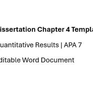 Puede incluir: Fondo blanco con texto negro: "Dissertation Chapter 4 Template", "Quantitative Results | APA 7" y "Editable Word Document". El texto está centrado y en una fuente sans-serif.